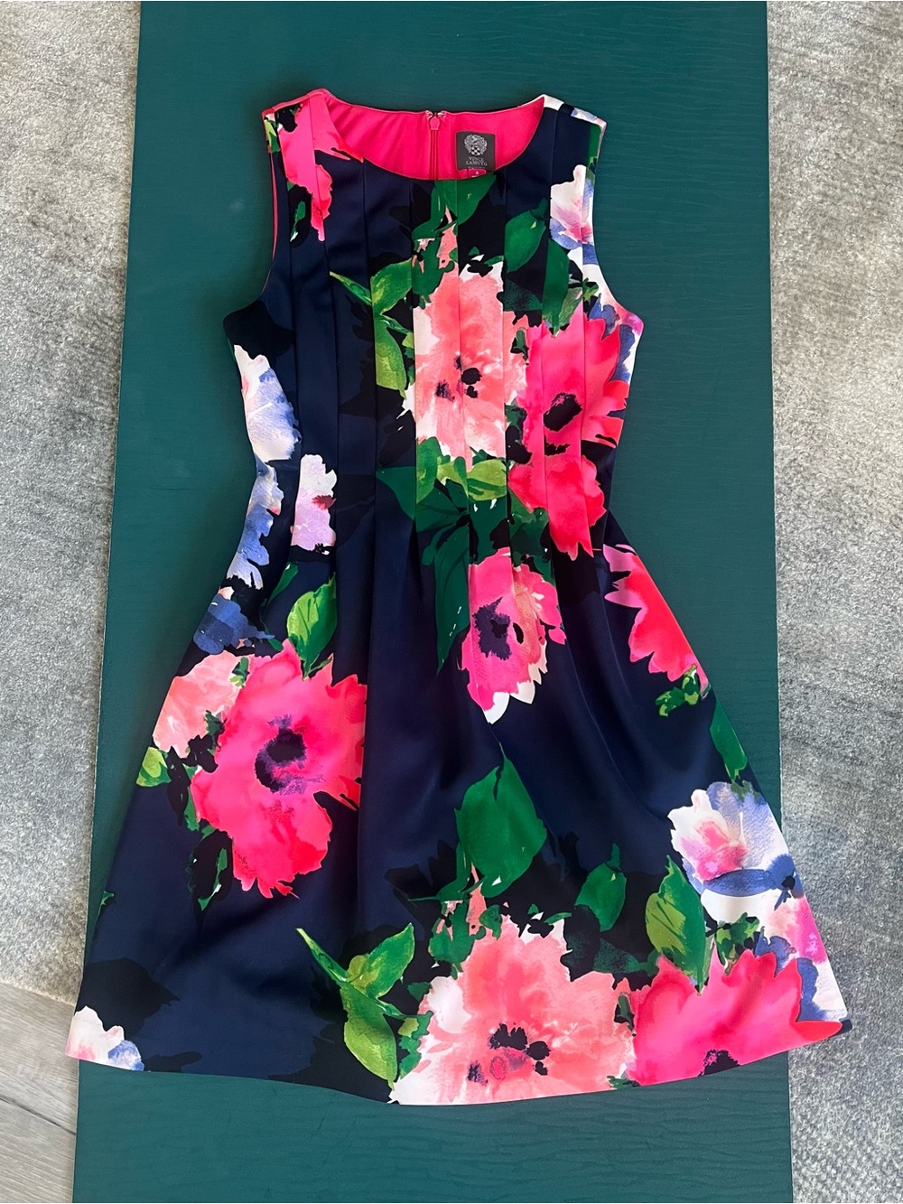 Vince Camuto Floral Print Fit & Flare Dress Blue Floral Pockets Size 6 Pleated